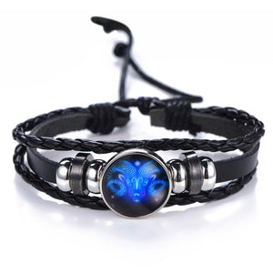 Zodiac Bracelet for Men Women Black punk Leather Bracelet