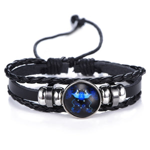 Zodiac Bracelet for Men Women Black punk Leather Bracelet