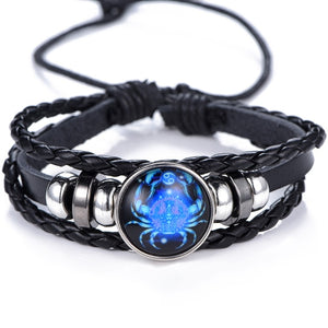 Zodiac Bracelet for Men Women Black punk Leather Bracelet