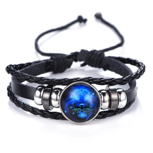 Zodiac Bracelet for Men Women Black punk Leather Bracelet