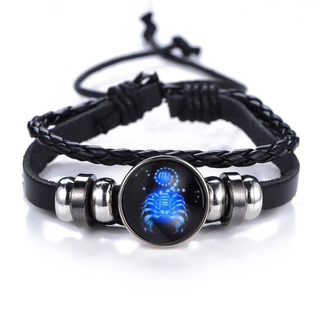 Zodiac Bracelet for Men Women Black punk Leather Bracelet