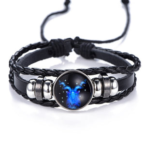 Zodiac Bracelet for Men Women Black punk Leather Bracelet