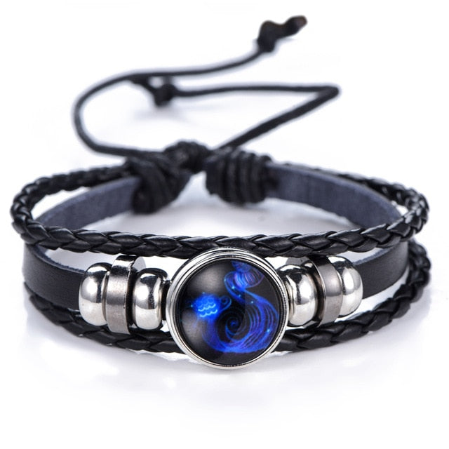 Zodiac Bracelet for Men Women Black punk Leather Bracelet