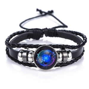 Zodiac Bracelet for Men Women Black punk Leather Bracelet