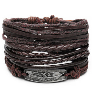 Handmade Vintage Leaf Feather Multilayer Leather Bracelet Men