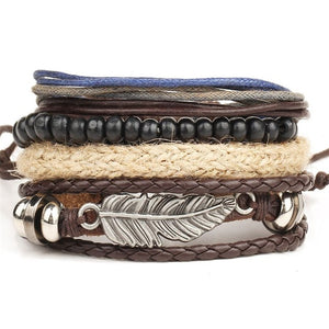 Handmade Vintage Leaf Feather Multilayer Leather Bracelet Men