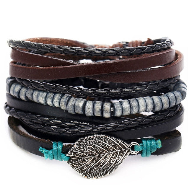 Handmade Vintage Leaf Feather Multilayer Leather Bracelet Men