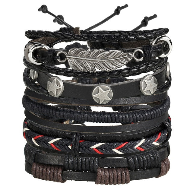 Handmade Vintage Leaf Feather Multilayer Leather Bracelet Men