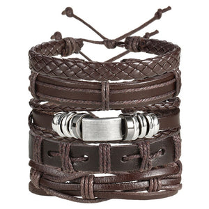 Handmade Vintage Leaf Feather Multilayer Leather Bracelet Men