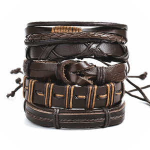 Handmade Vintage Leaf Feather Multilayer Leather Bracelet Men