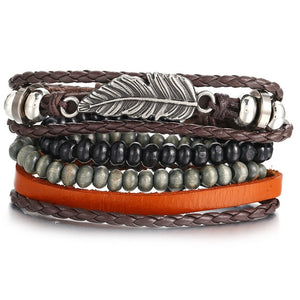 Handmade Vintage Leaf Feather Multilayer Leather Bracelet Men