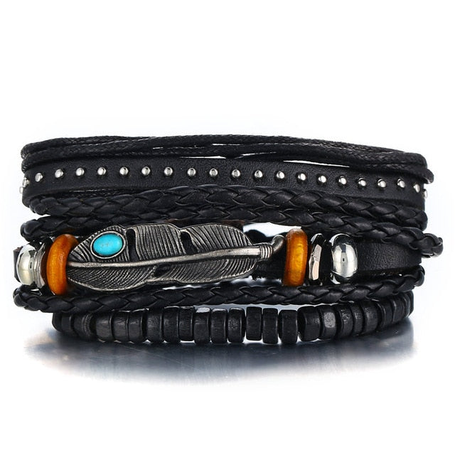 Handmade Vintage Leaf Feather Multilayer Leather Bracelet Men