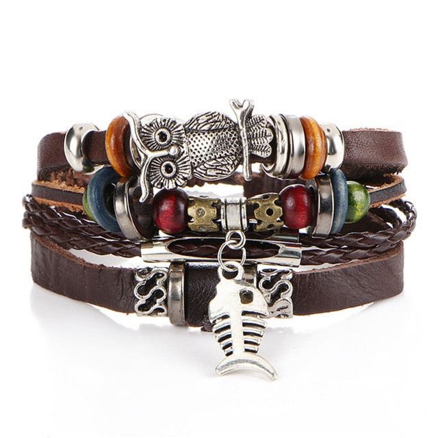 Handmade Vintage Leaf Feather Multilayer Leather Bracelet Men