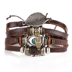 Handmade Vintage Leaf Feather Multilayer Leather Bracelet Men