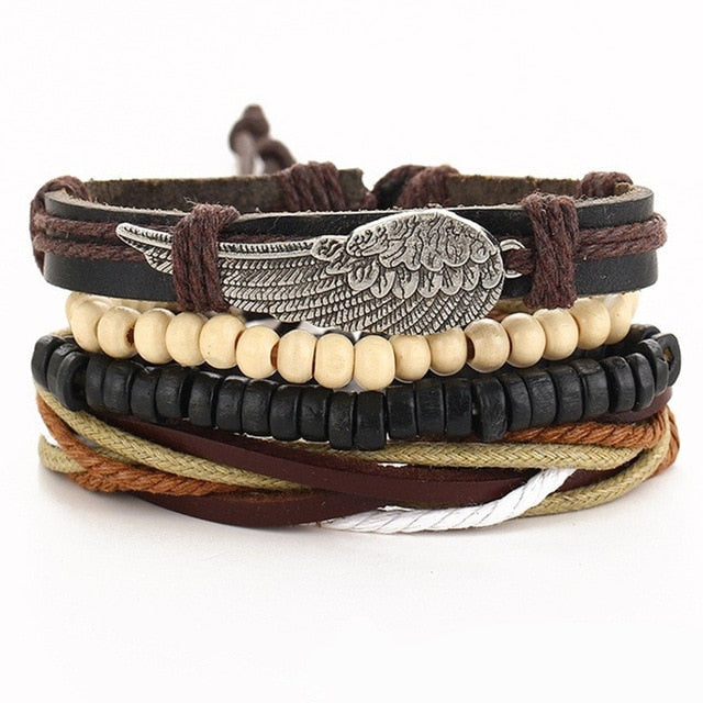 Handmade Vintage Leaf Feather Multilayer Leather Bracelet Men