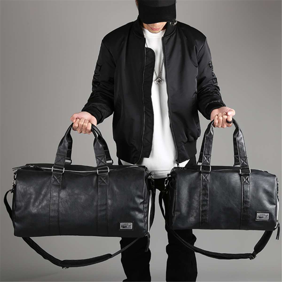 Black Men/Women Travel Duffle Bags Waterproof PU Leather