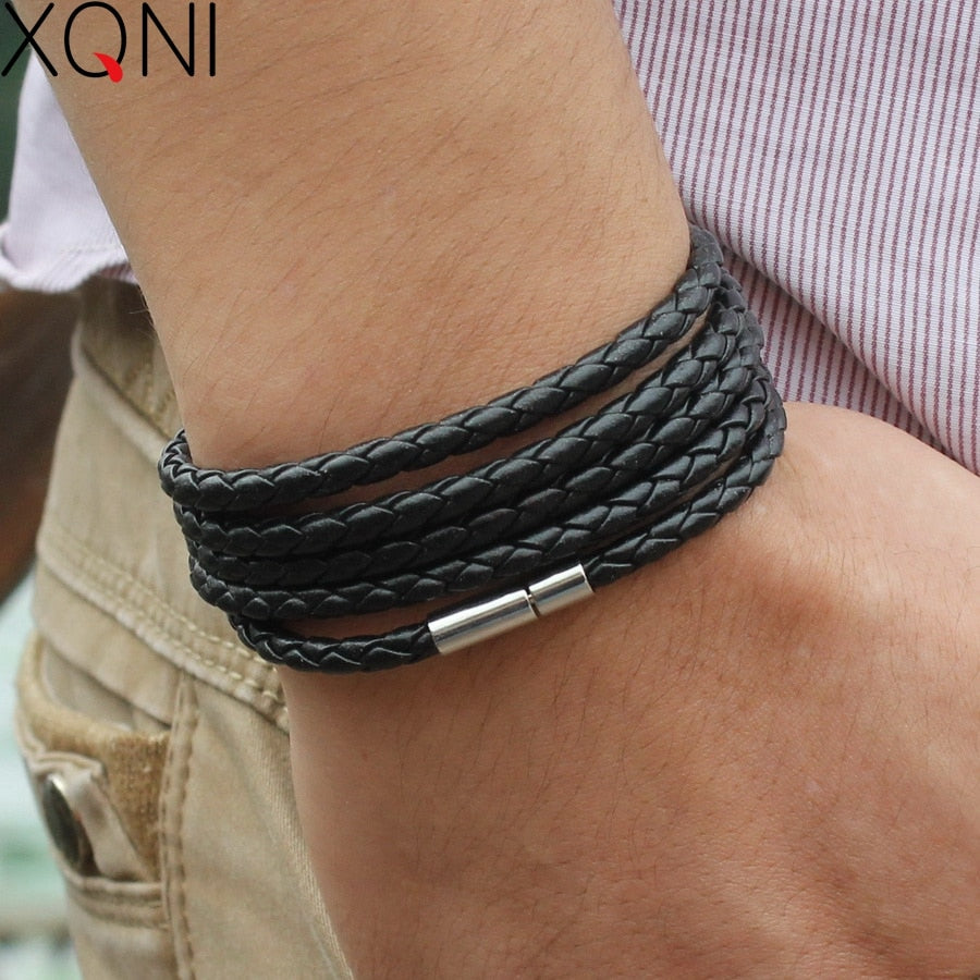 XQNI brand retro Wrap Long leather bracelet men